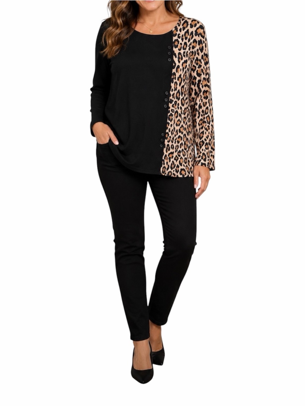 NWT Mnemora Black Leopard Print Long Sleeve Pullover Top Women’s Size XL Buttons